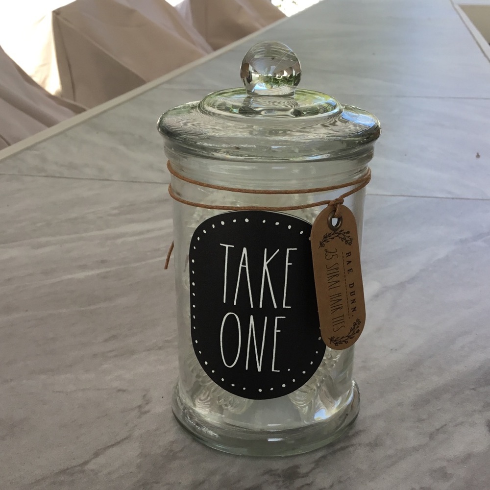 Rae Dunn glass apothecary jar with 25 spiral hair ties